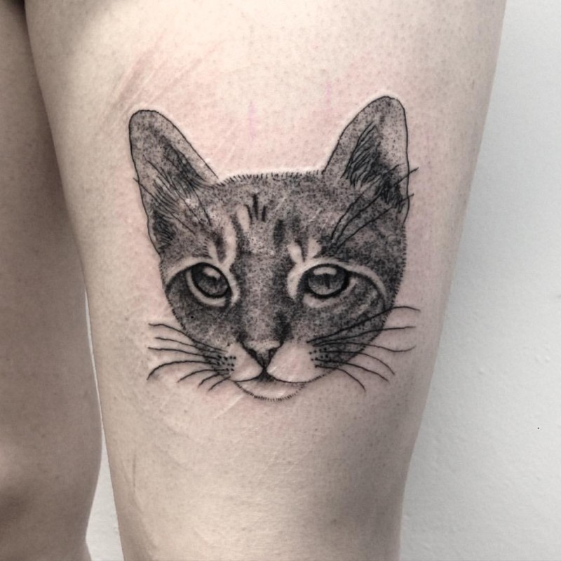 Dot estilo bonito para tatuagem de coxa de estilo de meninas de cabeça de gato