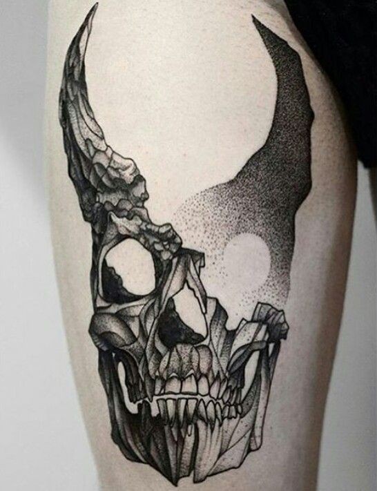 Dot style fantastic painted thigh tattoo of devils skull