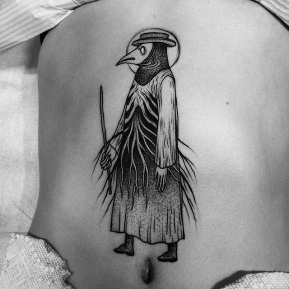 Dot style impressive looking belly tattoo of plague doctor with stick