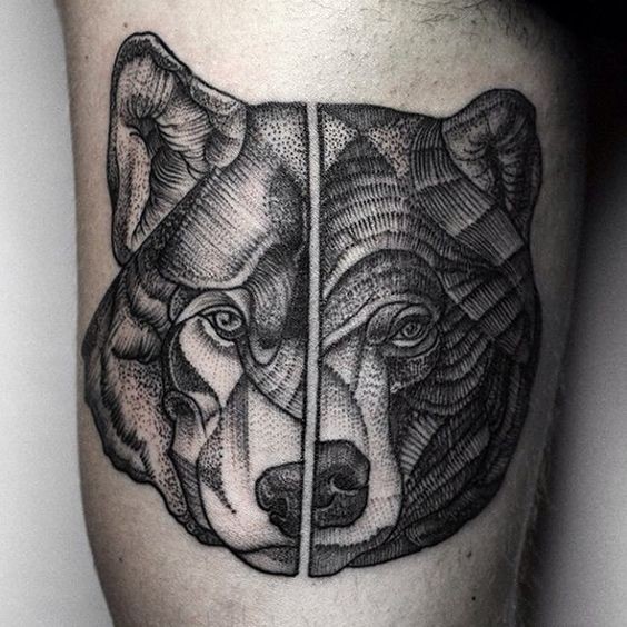 Estilo de ponto velho que olha tatuagem separada de cabeças de lobo e urso