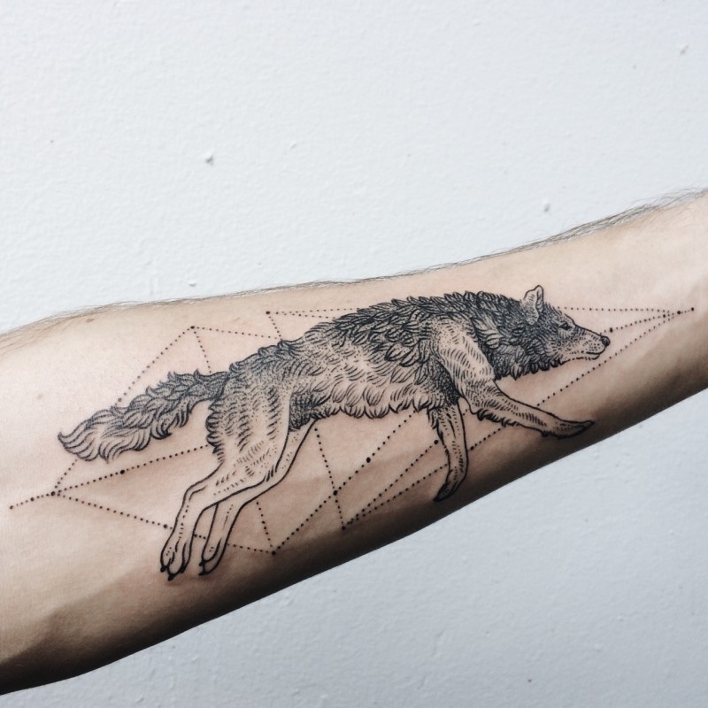 Estilo de punto simple que mira el tatuaje del antebrazo del lobo con figuras geométricas