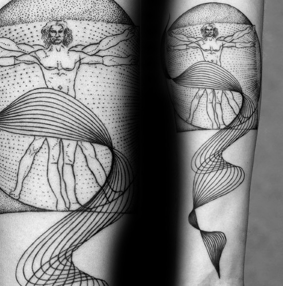 Dot style simple painted Da Vincies Vitruvian man tattoo on forearm