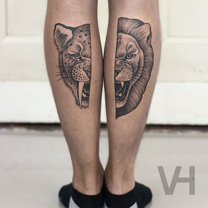 Dot style tattoo painted by Valentin Hirsch of split lion and ancient cat