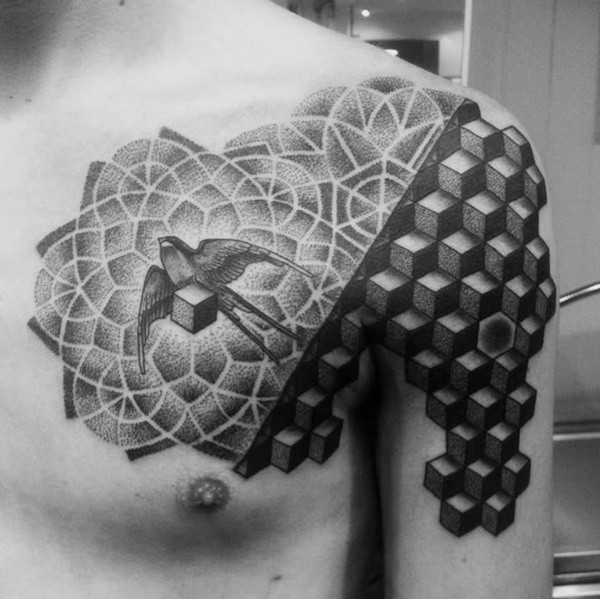 Tatuaje en el hombro y pecho, patrones cúbicos y golondrina, dotwork