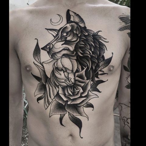 Dotwork style original combined chest and belly tattoo by Michele Zingales