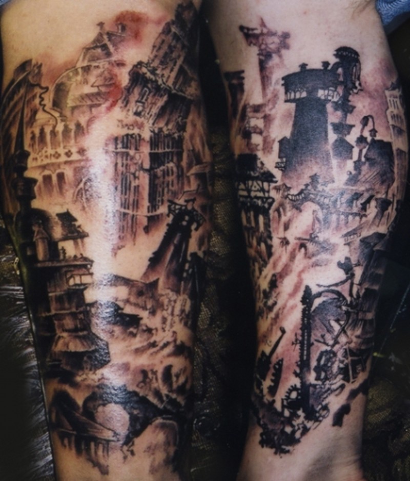 Dramatic black and white leg tattoo of destroyed city