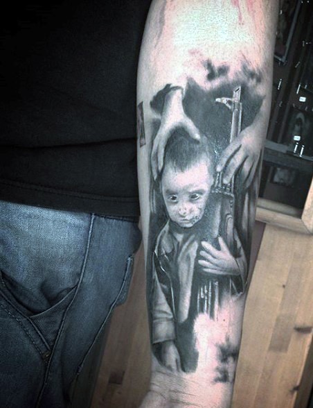 Dramatic black ink forearm tattoo of little boy with rifle