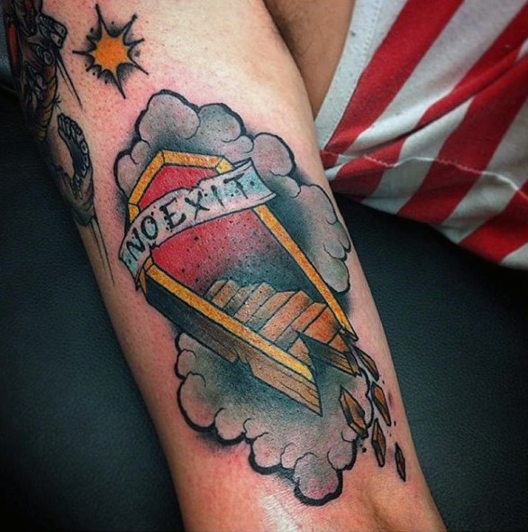 Dramatic designed and colored big coffin with lettering tattoo on arm
