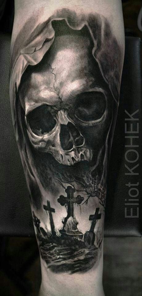 Dramatic detailed and painted by Eliot Kohek tattoo of human skull with tomb crosses