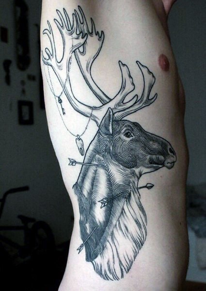 Dramatic engraving style side tattoo of big deer with arrows