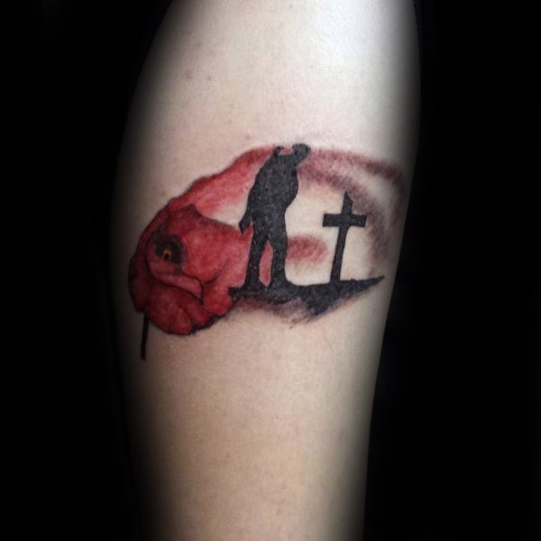 Dramatic illustrative style tattoo of soldier and grave