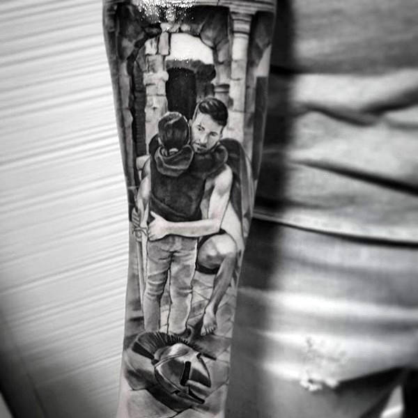 Dramatic painted original combined father and son tattoo on arm
