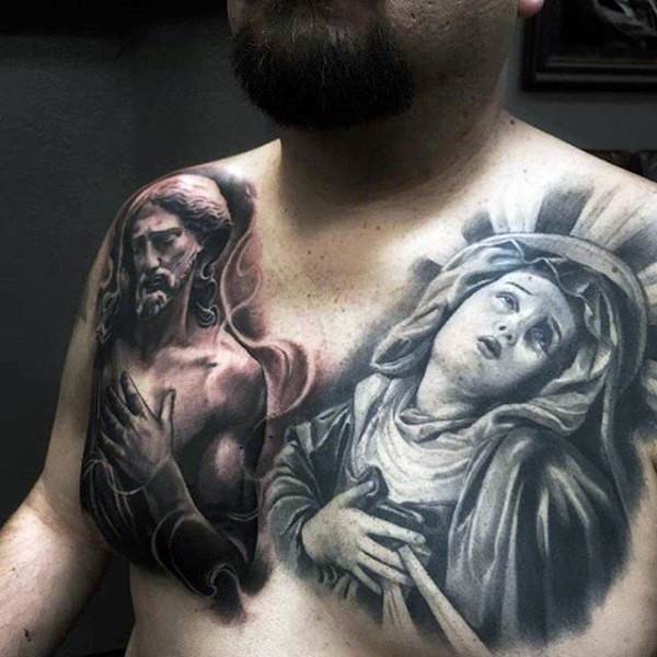 Dramatischer religiöser Stil verschiedene Heilige Menschen farbige Portraits Tattoo an der Brust