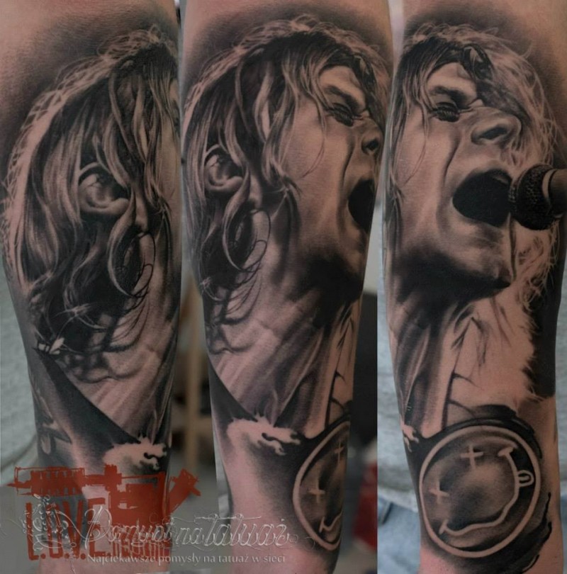 Dramatic singing Kurt Cobain 3D realistic photo like tattoo with smiley