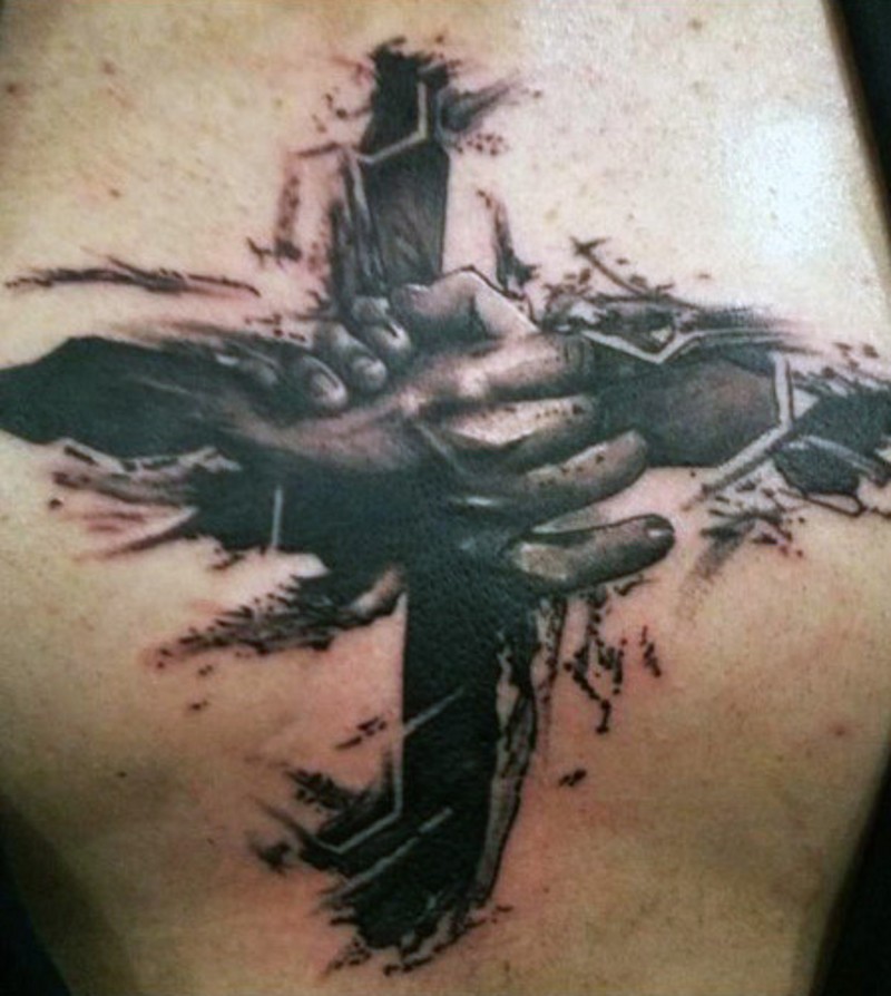 Dramatic style painted black and white hands tattoo on chest