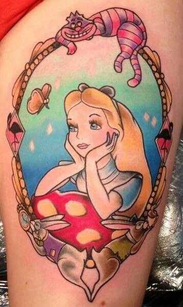 Dreamy Alice in Wonderland and other cartoon heroes colored framed tattoo