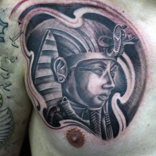 Egypt style colored chest tattoo of antic Pharaoh statue