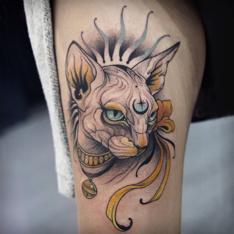 Egypt style colored tattoo of mystical cat with impressive symbol