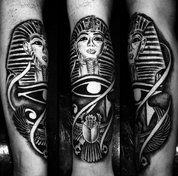 Egypt style detailed arm tattoo of Egypt symbols and statue