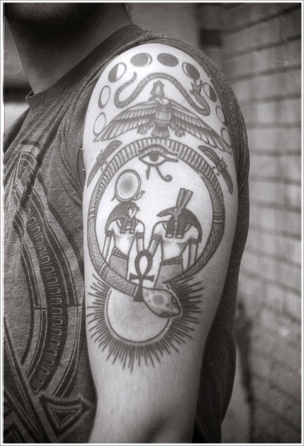 Egyptian deities and symbols tattoo on shoulder