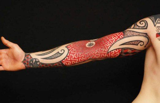 Elegant black red patterns tattoo on full arm