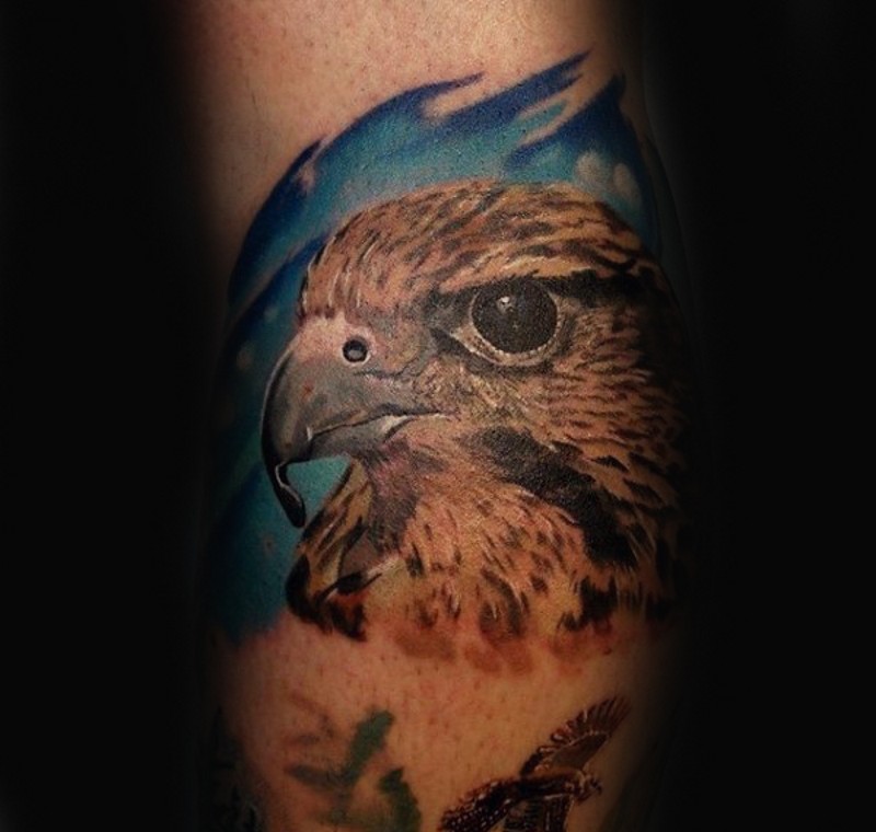 Elegant colored natural looking arm tattoo of eagle head