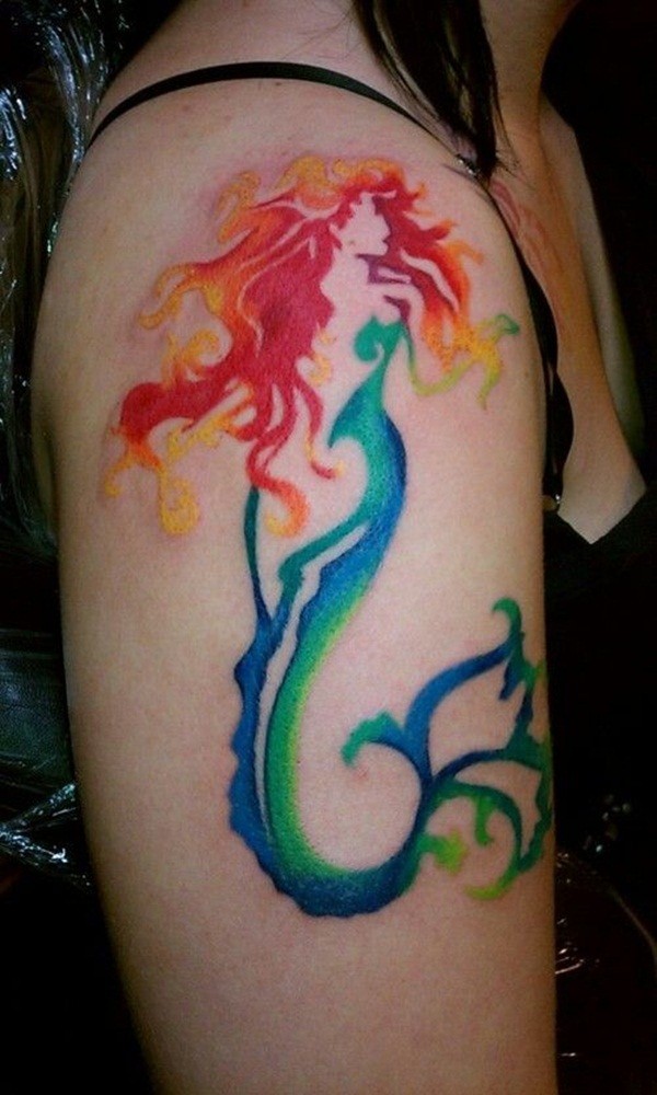 Elegant coloured watercolor mermaid tattoo on half sleeve