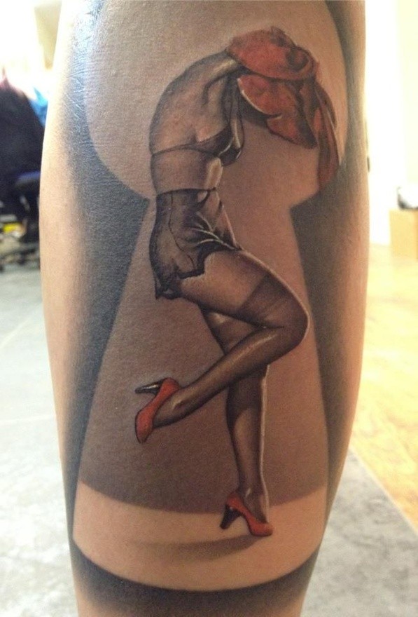Elegant pinup girl in red shoes tattoo by Meehow Kotarski