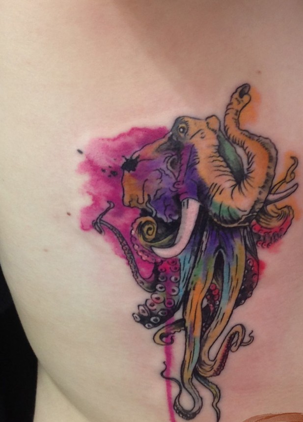 Elephant&quots head with octopus legs colored tattoo in watercolor style
