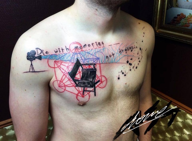 Engineering themed colored chest tattoo of camera with ornaments and lettering