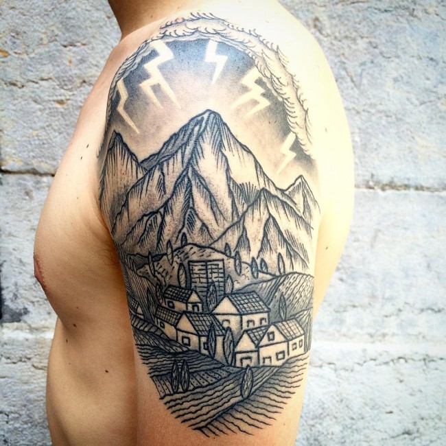 Engraving like black ink mountain village tattoo stylized with lightning