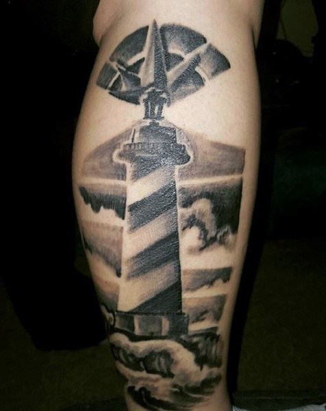 Engraving style black and white arm tattoo of lighthouse and clouds