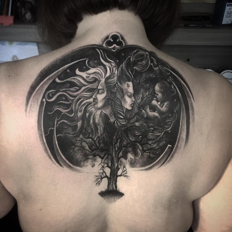 Engraving style black and white back tattoo of mystical people and tree