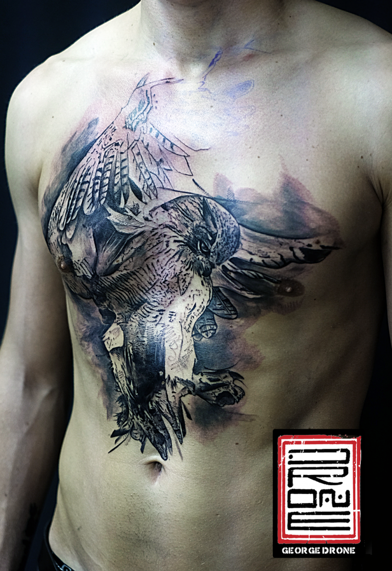 Engraving style black and white chest tattoo of flying owl