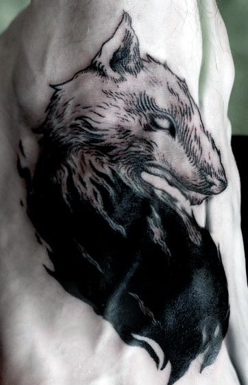 Engraving style black and white demon wolf tattoo