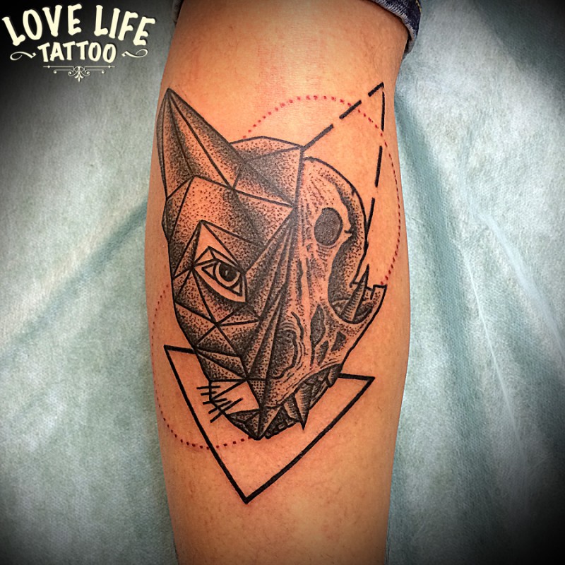 Engraving style black and white leg tattoo of mystical cat with black triangle
