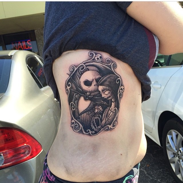 Engraving style black and white side tattoo of Nightmare before Christmas couple