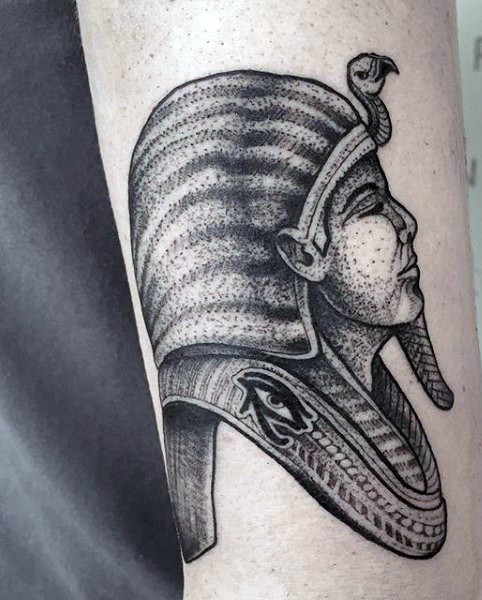 Engraving style black ink arm tattoo of Egypt pharaoh portrait
