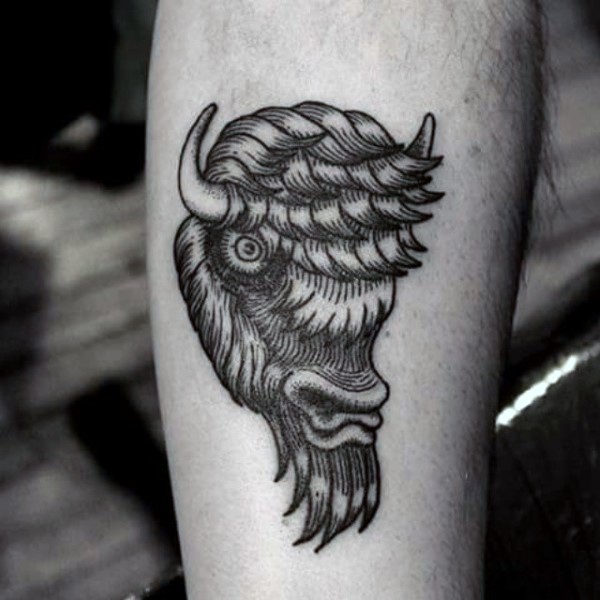 Engraving style black ink arm tattoo of funny bull head