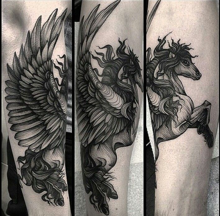 Engraving style black ink arm tattoo of pegasus horse