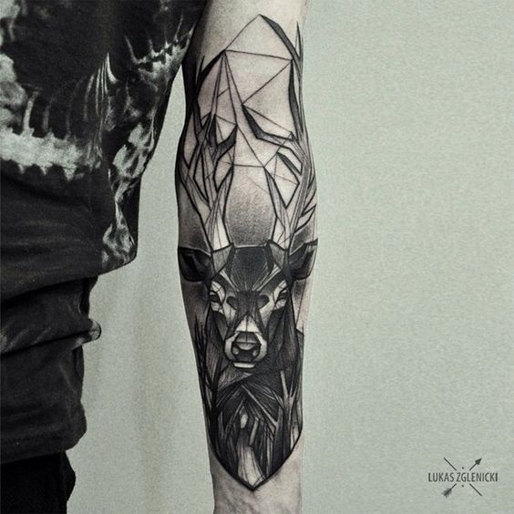 Engraving style black ink arm tattoo of big deer