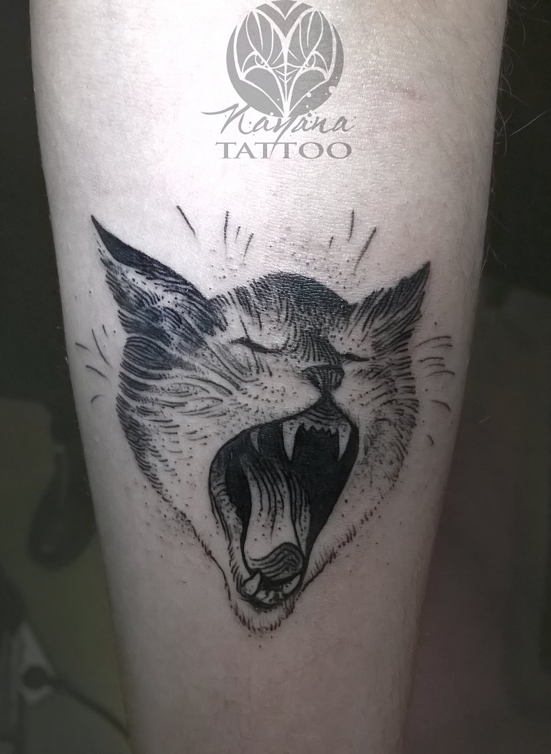 Engraving style black ink arm tattoo of screaming cat