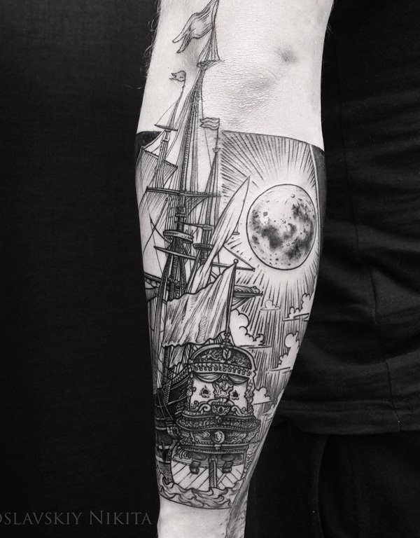 Engraving style black ink arm tattoo of beautiful sailing ship with moon
