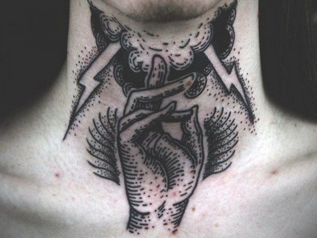 Engraving style black ink arm tattoo on neck stylized with lightning