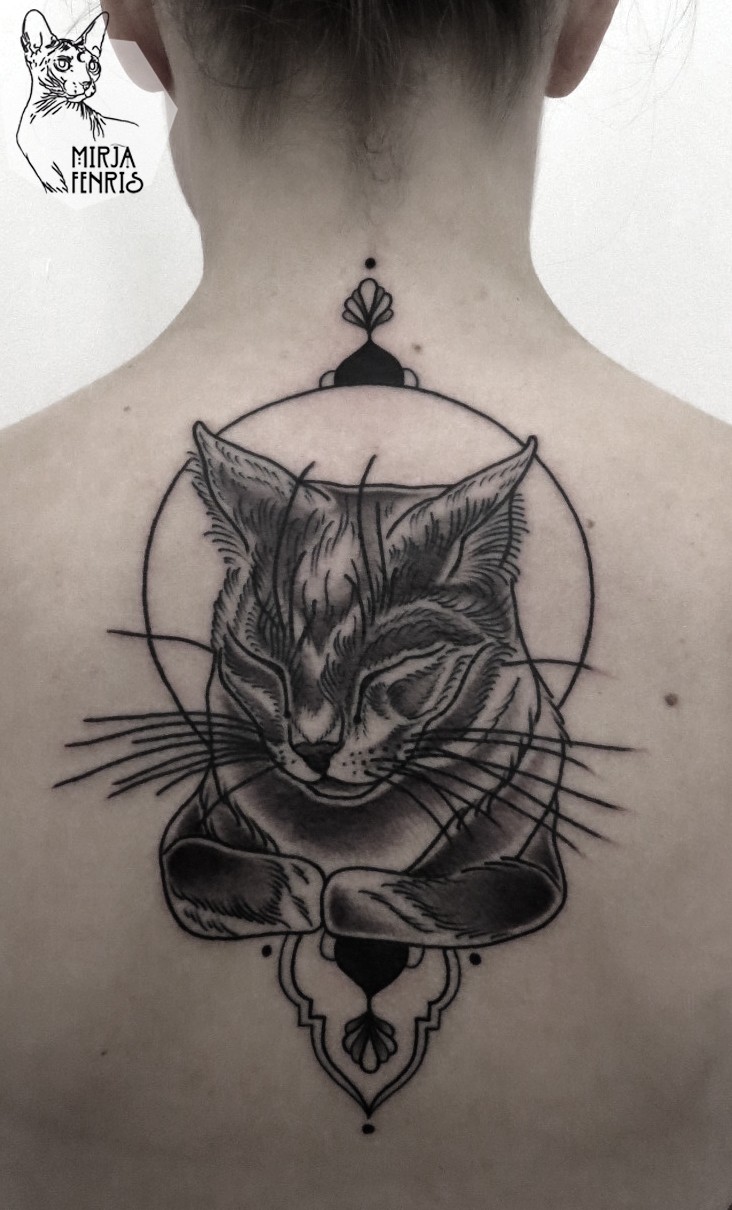 Engraving style black ink back tattoo of sleeping cat