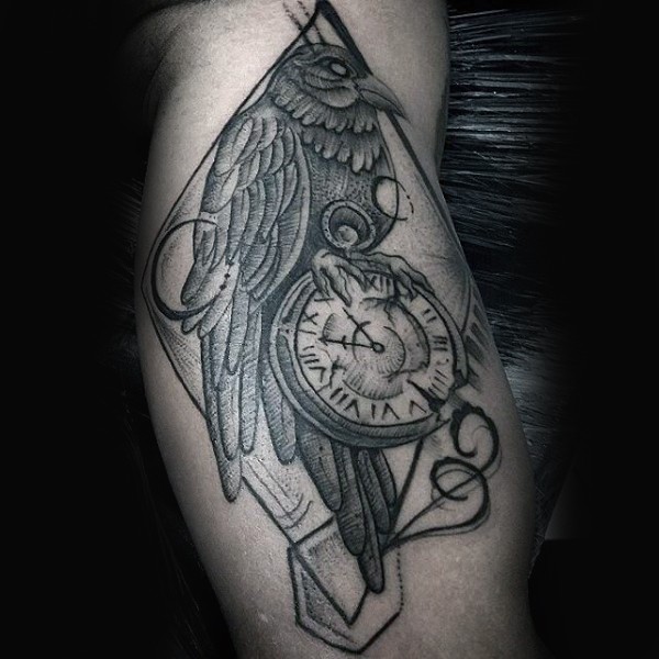 Engraving style black ink biceps tattoo of crow with clock