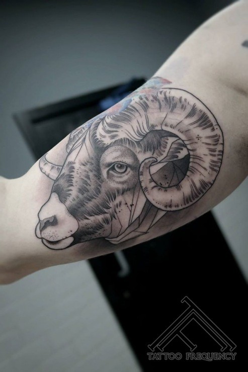 Engraving style black ink biceps tattoo of large goat skull