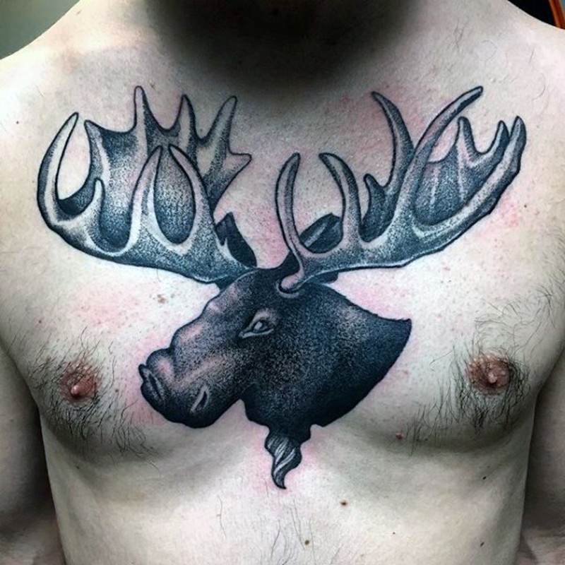 Engraving style black ink chest tattoo of elk head