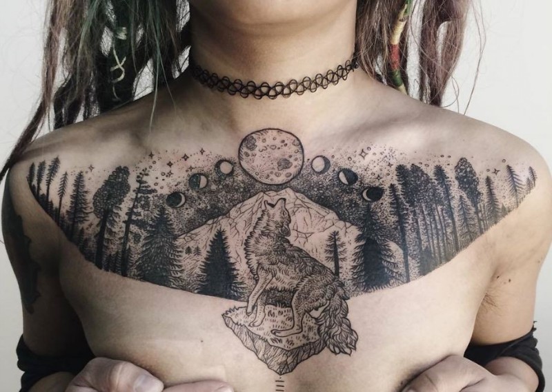 Engraving style black ink chest tattoo of wolf in night forest
