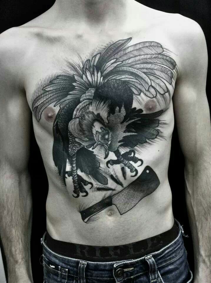 Engraving style black ink chest tattoo of evil cock with knife